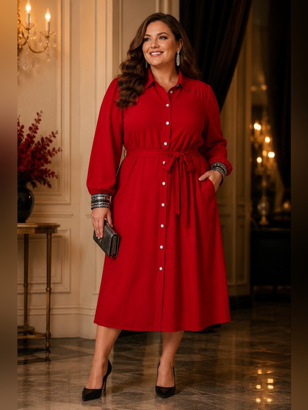 Mlle Gabrielle NWT Red Button Front Midi Dress 2X Embellished Cuffs